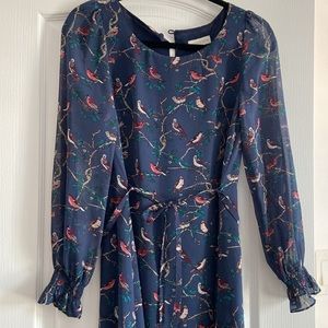 Monsoon Blue Bird Print Long Sleeve Dress